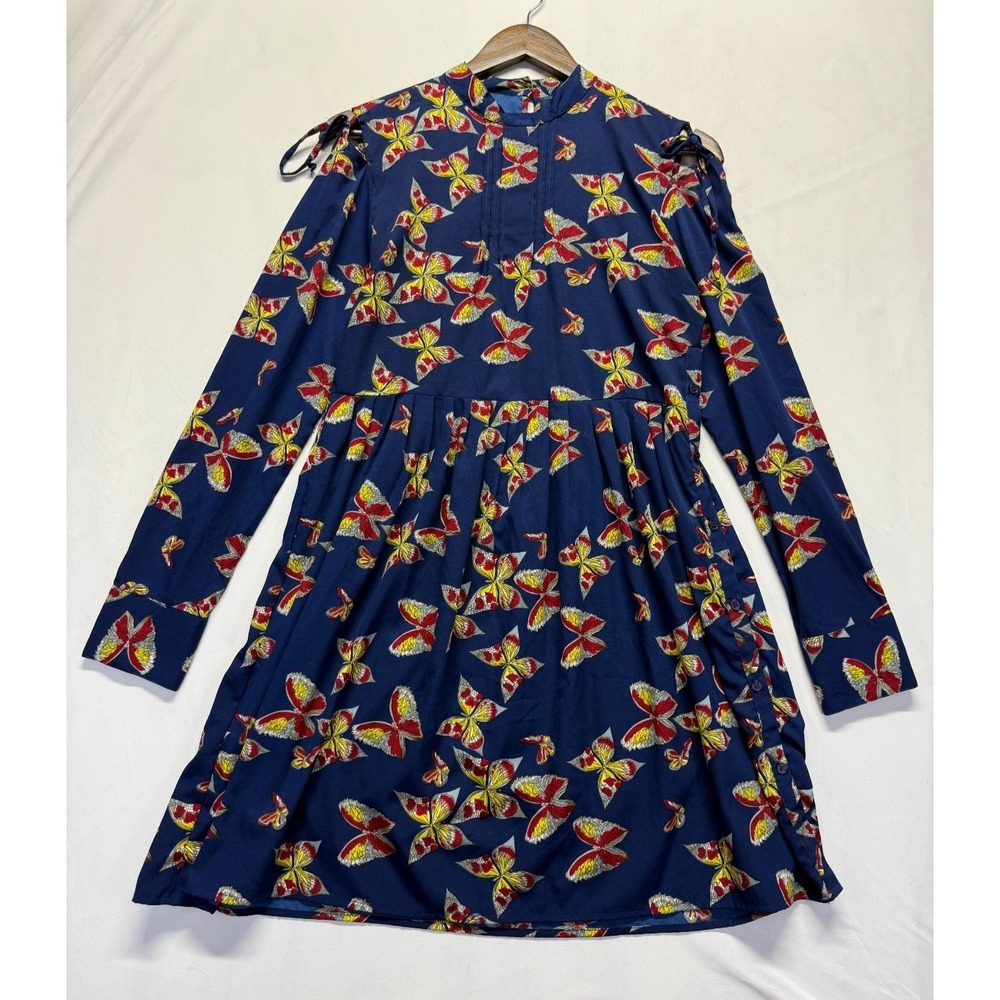 Walter Baker Fit & Flare Dress Women 6 Blue Butterfly Print Cold Shoulder Sleeve